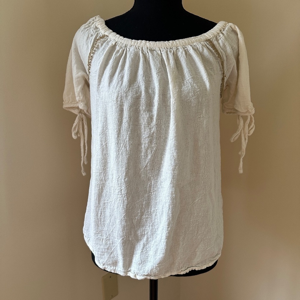 *HARVE BENARD* Ivory Short Sleeve Scoop Neck Tie Arm Shirt Size Small